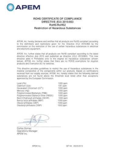 ROHS CERTIFICATE COMPLIANCE DIRECTIVE Inc. 09/25/2013 ROHS CERTIFICATE OF COMPLIANCE DIRECTIVE (EU) 2015/863 RoHS/RoHS2 Restriction of Hazardous APEM, - [PDF Document]