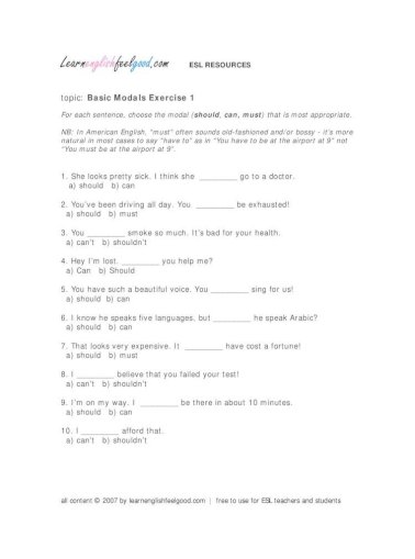 Topic Basic Modals Exercise 1 Pdf Document