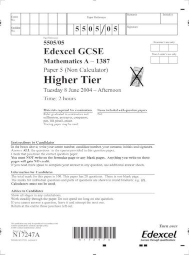 Edexcel Gcse Maths June 04 Pdf Document