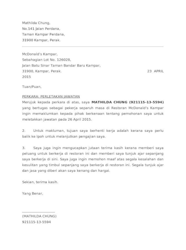 Contoh Surat Letak Jawatan Setiausaha Jkkk